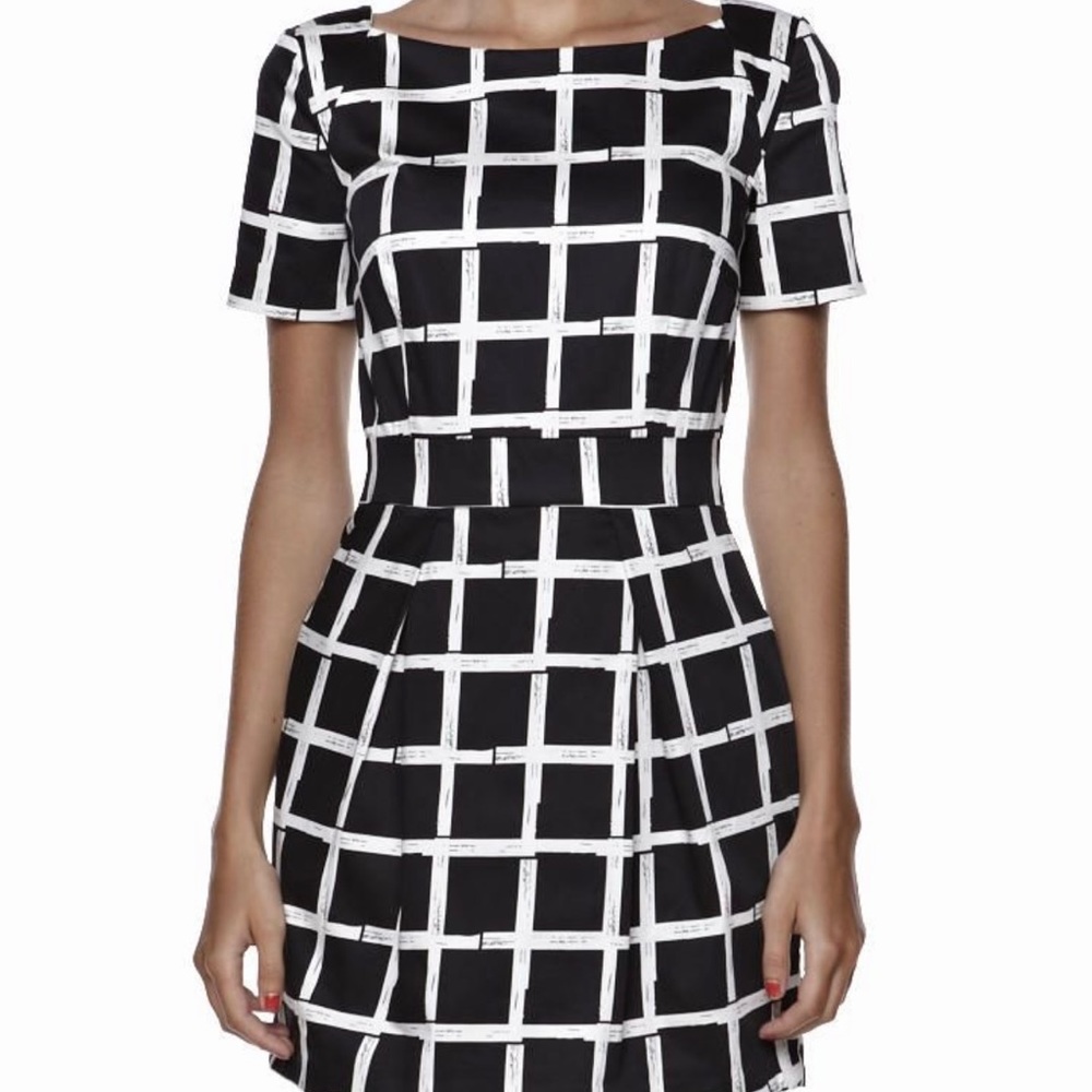 French Connection Black & White Monochrome Checked Fit & Flare Dress